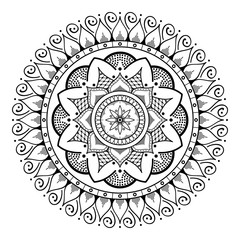 Flower-shaped mandala, black and white pattern. Islam, Arabic, Pakistan, Moroccan, Turkish, Indian, Spain motifs. Hand drawn background, can be used for coloring book, greeting card.