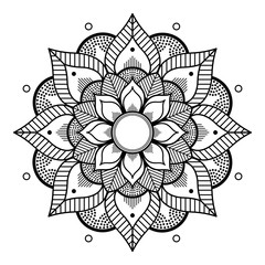 Flower-shaped mandala, black and white pattern. Islam, Arabic, Pakistan, Moroccan, Turkish, Indian, Spain motifs. Hand drawn background, can be used for coloring book, greeting card.