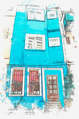 Watercolor sketch of old-fashioned residential building in the Balat district of Istanbul