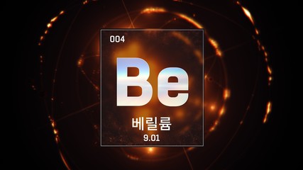 3D illustration of Beryllium as Element 4 of the Periodic Table. Orange illuminated atom design background orbiting electrons name, atomic weight element number in Korean language