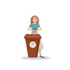 Vector colorful illustration with standing woman putting batteries in trash bins, dumpsters, containers. Illustration on the theme of garbage sorting, technology, ecology. Cartoon flat character