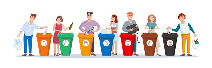 Vector colorful set of standing people putting rubbish in trash bins, dumpsters, containers. Illustration on the theme of garbage sorting, ecology, recycling. Cartoon flat characters - 316594200