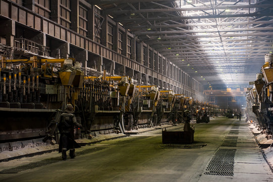 Aluminum plant. aluminum smelting bucket. Safe environmental high-tech processes. Modern smelter. Melting furnace