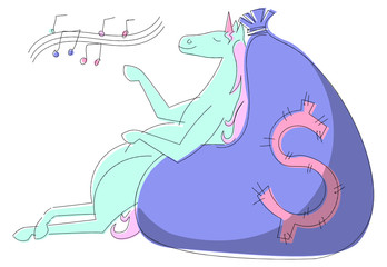 Unicorn enjoying his leisure time and music after earning a lot, successful startup