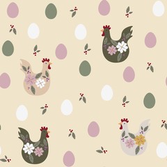 Easter seamless pattern with chicken and eggs. Perfect for wallpapers, pattern fills, web page backgrounds, surface textures, textile. Vintage yellow background.