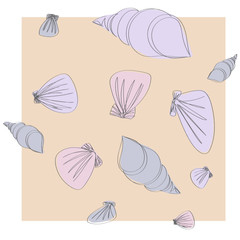 Set of pastel-colored shells on a sandy beach pattern pretty gentle