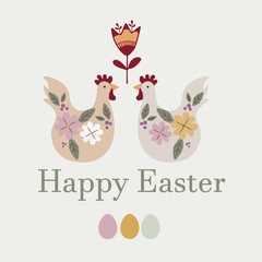 Happy Easter templates with eggs, flowers, chicken and typographic design. Good for spring and Easter greeting cards and invitations.