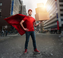 Courier acts like a powerful superhero in a city with skyscrapers. Concept of success and guarantee...