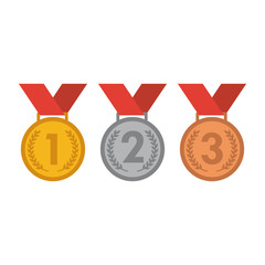 Colorful medal set for first, second and third place. Gold, silver, bronze medals cartoon vector.