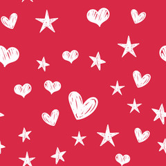Hearts and stars doodles seamless pattern. Valentine's day decoration background.