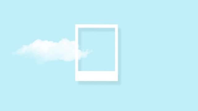 White cloud in snapshot frame. Rectangular border with cotton candy isolated on baby blue color background. Creative artistic composition, stylish cloud video on turquoise backdrop