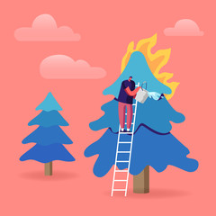 Volunteer Fire Fighter Extreme Profession. Fireman Pouring Bucket with Water for Watering Burning Fir-Tree in Forest. Firefighter Fighting with Blaze Stand on Ladder Cartoon Flat Vector Illustration