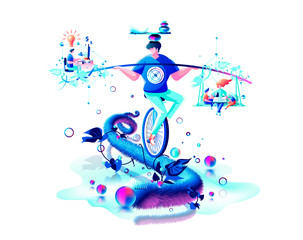 inner balance in hand harmony between family household and work job time managementman circus performer riding unicycle rope