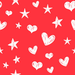 Hearts and stars doodles seamless pattern. Valentine's day decoration background.