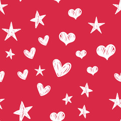 Hearts and stars doodles seamless pattern. Valentine's day decoration background.
