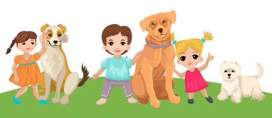 Children hug dogs, walk with animals. Vector illustration