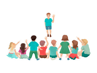 New student is standing in front of the class. Meet the group. New boy. Vector illustration