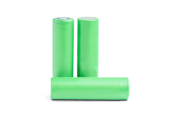 Three rechargeable batteries on a white background isolated. 18650 green batteries. device energy...