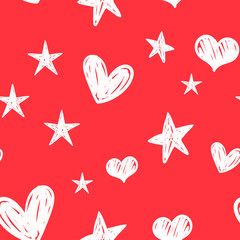 Hearts and stars doodles seamless pattern. Valentine's day decoration background.