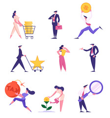 Set of Businesspeople in Different Situations Isolated on White Background. Businesswoman Pushing Trolley with Money, Grow Plant, Pay Tax, Businessman Searching Idea. Cartoon Flat Vector Illustration