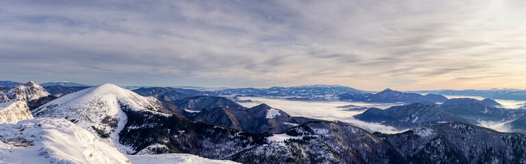 Fototapeta na wymiar Beautiful winter panorama in Winter Mountains. Landscape with spruce trees in Mountains , blue sky . Slovakia Mala Fatra