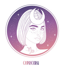 Illustration of Capricorn astrological sign as a beautiful girl. Zodiac vector illustration isolated on white. Future telling, horoscope, alchemy, spirituality, occultism, fashion woman.