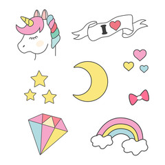 Unicorn design set. Cool decoration interior elements isolated on white