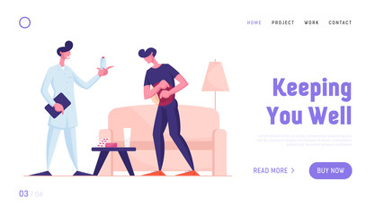 Health Care Website Landing Page. Home Doctor Visiting Sick Man Feel Pain in Stomach. Food Poisoning, Digestive Tract Indigestion, Stomachache Pain. Web Page Banner. Cartoon Flat Vector Illustration