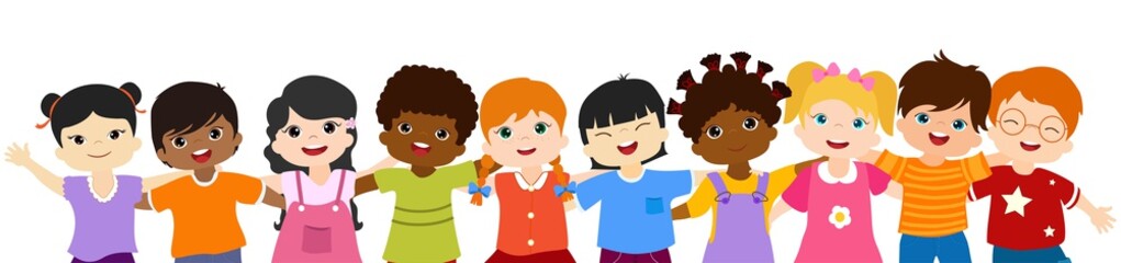 Close-up isolated group of happy and smiling multiethnic children hugging each other.Community or childhood with children of different culture. Multicultural kindergarten. Oneness. Peace. Friendship