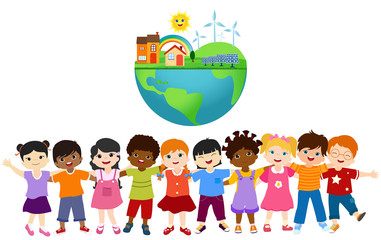 Obraz na płótnie Canvas Group of diverse and multiethnic children embracing each other. Unity for an ecological world with eco and sustainable energy. Save our planet. Globe with solar cell and wind turbines
