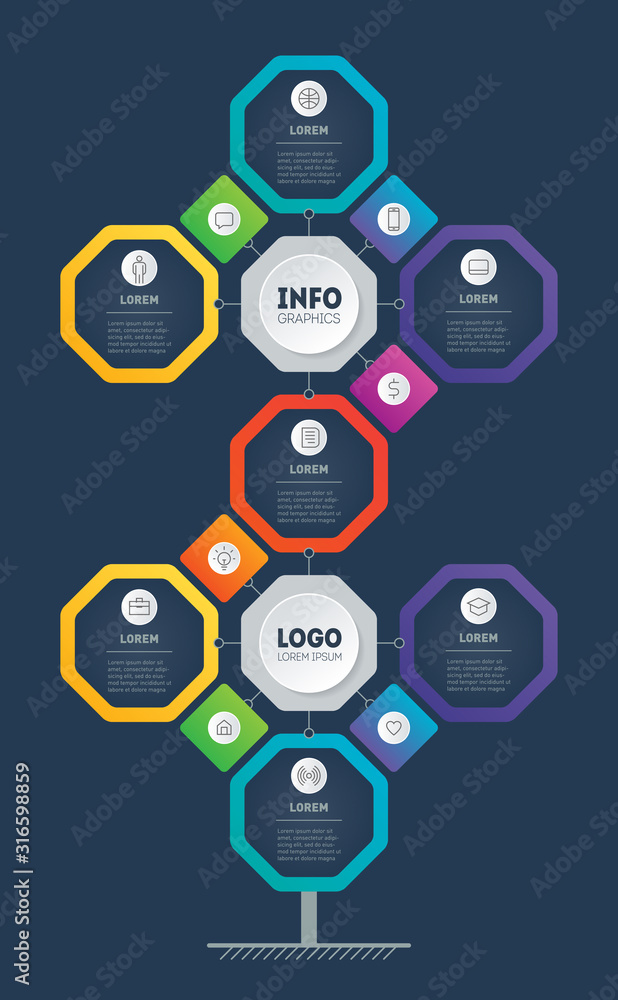 Poster business presentation with 7 options and 13 icons. template of development tree. info graphic of tec
