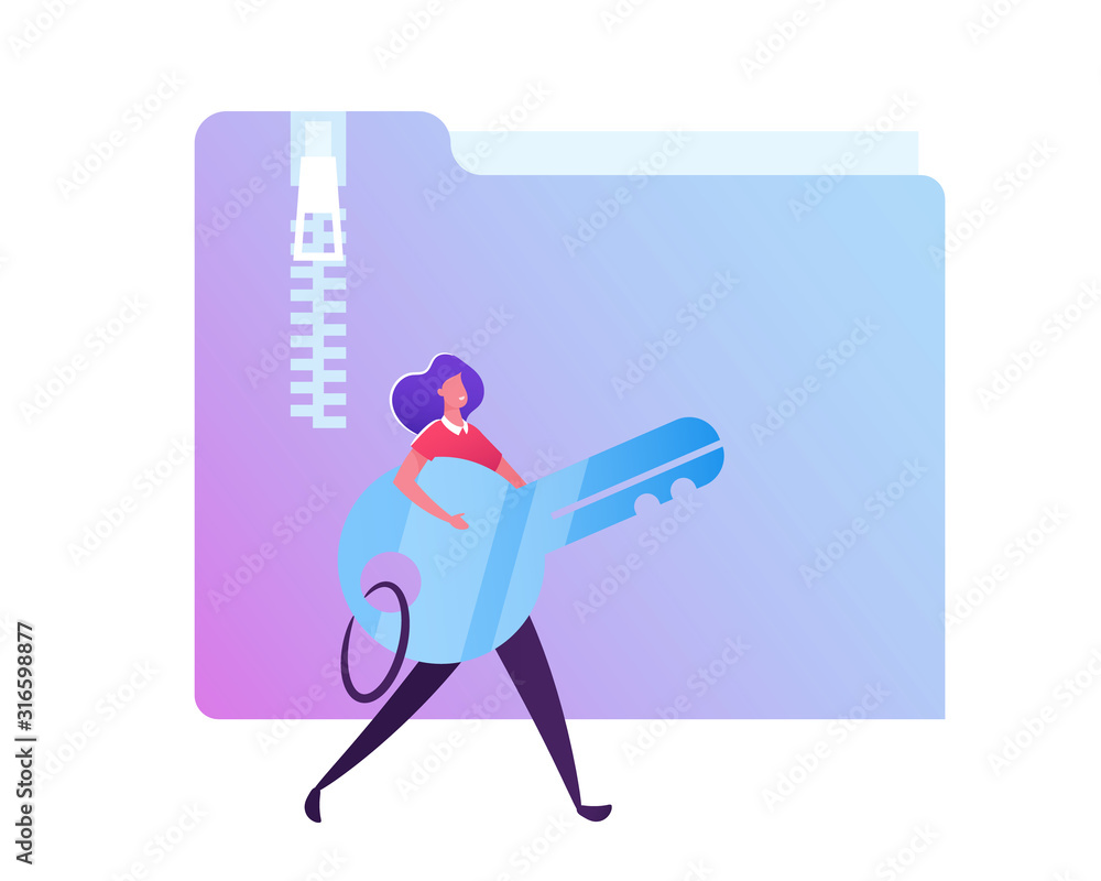 Poster woman carry key in hands on white background with zipped folder. electronic document management, dig