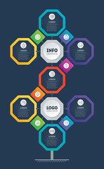 Business presentation with 7 options and 13 icons. Template of development tree. Info graphic of technology or education process with seven points. Infographics consisting of octagons.