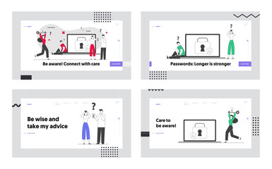 Users Try to Remember Lost Account Password Website Landing Page Set. Internet Profile Protection, Cyber Security, Forgotten Pin Code Aid Web Page Banner. Cartoon Flat Vector Illustration, Line Art