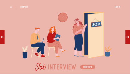 Job Interview Website Landing Page. Man and Woman with Cv Sitting in Waiting Room Setting Mind Up Before Meeting with Potential Employer Web Page Banner. Cartoon Flat Vector Illustration, Line Art