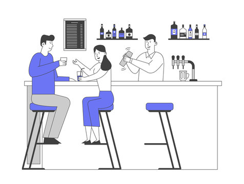 People Visiting Night Club Concept. Male and Female Characters Sit at High Chairs Drinking Beverages on Bar Counter with Barman Making Cocktail in Restaurant Cartoon Flat Vector Illustration, Line Art