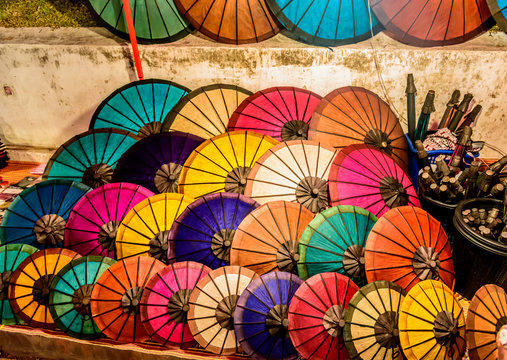 Handmade Colorful Paper Parasols Umbrellas for Sale in the Luang Prabang Laos Night Market