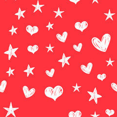 Hearts and stars doodles seamless pattern. Valentine's day decoration background.