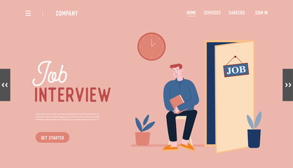 Work Recruitment Website Landing Page. Hr Specialist Having an Interview with Job Applicant and Candidate Waiting Appointment in Hallway Web Page Banner. Cartoon Flat Vector Illustration, Line Art