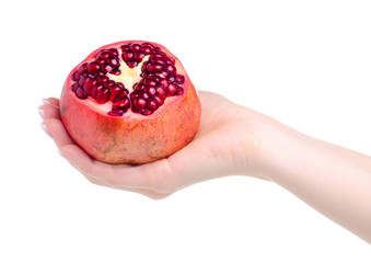 pomegranate fruit in hand on white background isolation