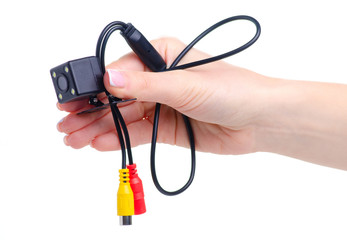 car rear view camera in hand on white background isolation