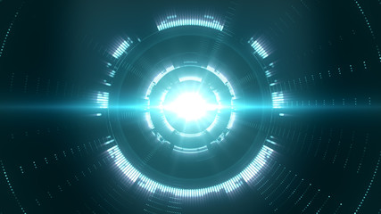 Creative technology background of a cyber tunnel with the light in the center. Abstract data cyberspace concept with bright particles.