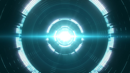 Abstract digital tunnel with a burst light in the center. Creative futuristic background with bright circles.