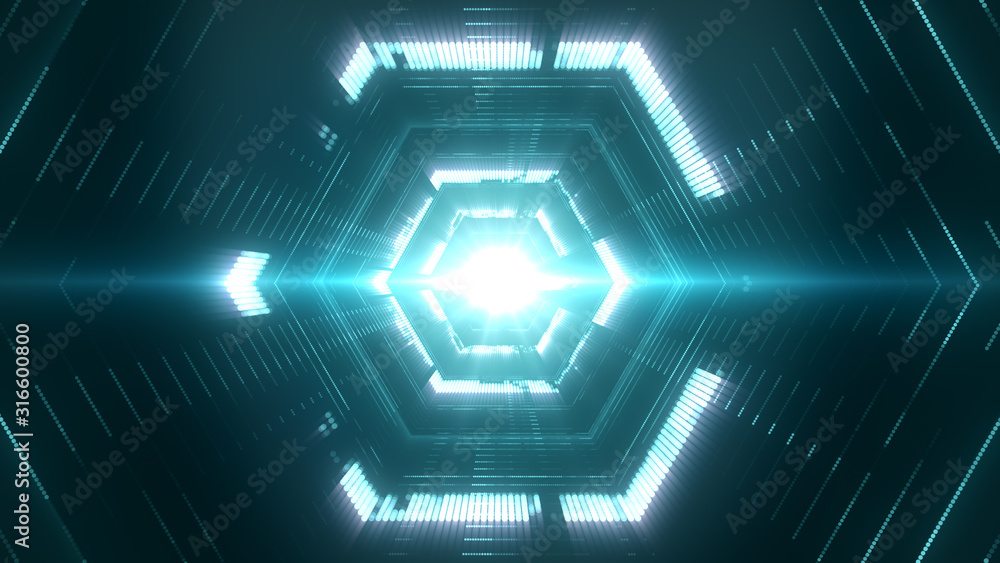 Poster futuristic portal background with bright particles and vibrant light in the center. abstract data tu