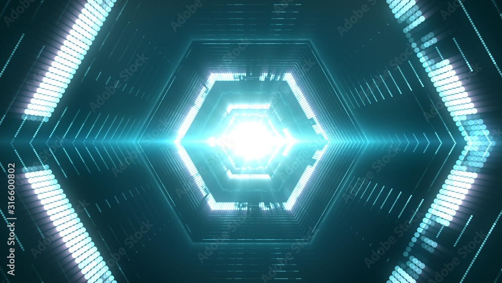 Poster abstract background with futuristic portal and digital particles. hexagon pattern tunnel in a cyber 