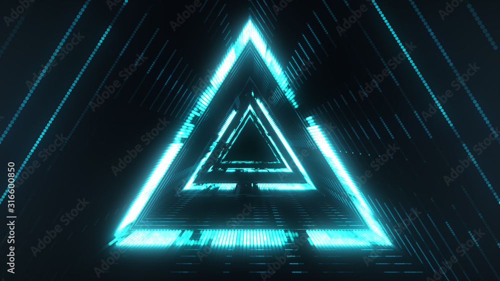 Poster blue digital portal in triangular shape with bright lines. technology background for futuristic conc
