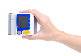 Hand blood pressure monitor on white background isolation