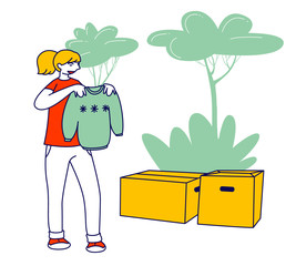 Selfless Kind Woman Volunteer of Charity Organization Collecting Clothes for Beggars Living on Street. Girl Holding Sweater from Box with Donated Dressing. Cartoon Flat Vector Illustration, Line Art
