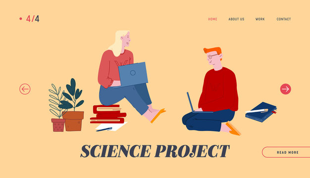 Science Project Website Landing Page. Man and Woman Students Sit on Floor with Books around and Laptops in Hands Watching Webinar and Learn Web Page Banner. Cartoon Flat Vector Illustration, Line Art