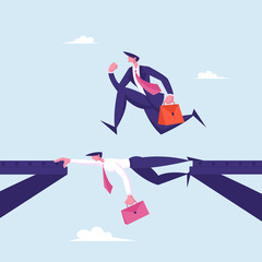 Fototapeta premium Business Man Careerist, Social Climber with Brief Case Running over Head of Businessman Colleague Like on Bridge. Leadership Challenge, New Opportunity Success Concept Cartoon Flat Vector Illustration